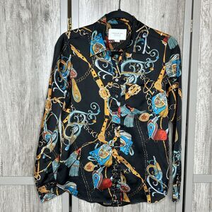 The Shirt by Rochelle Behrens Top Sz S Satin Chains Print Button Up Black